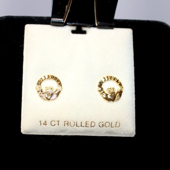 Sol d'or Ireland 14 CT Rolled Gold Claddagh Stud Earrings - Picture 1 of 7